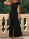 Sloping Shoulder, Single Shoulder Pleated Slit Sweet Maxi Dresses