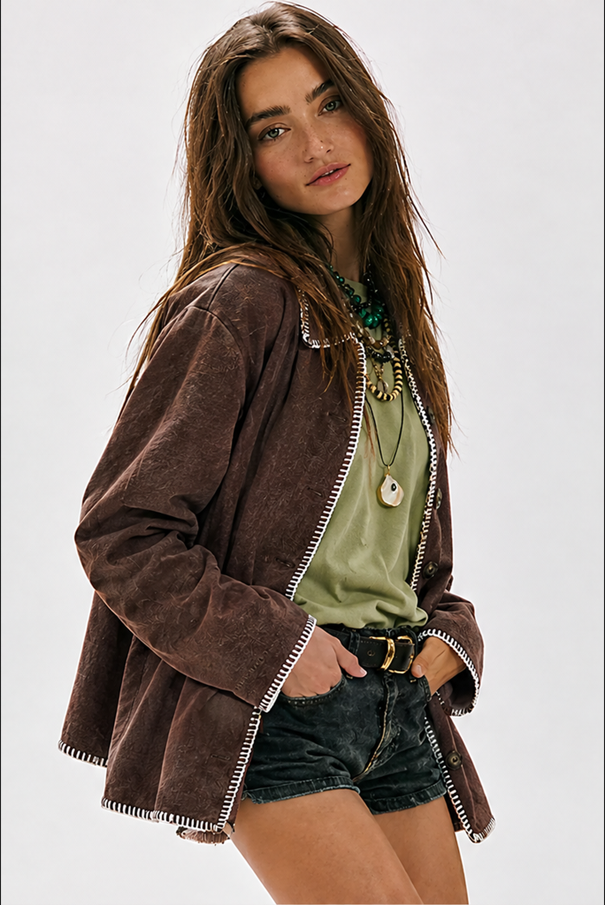 Loose-fitting Faux Suede Coat With Contrasting Trim And Lapel.
