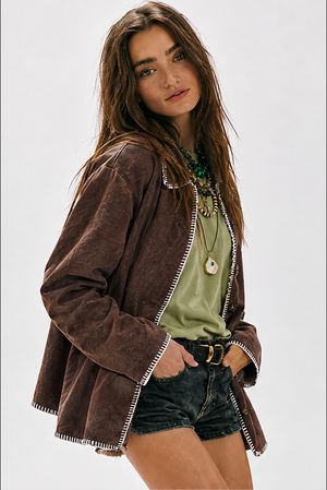 Loose-fitting Faux Suede Coat With Contrasting Trim And Lapel.