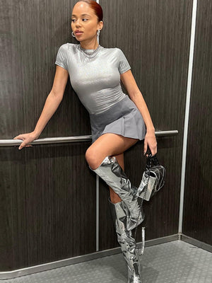 Metallic Color Crew Neck Short Sleeve Tight Fit T-shirts