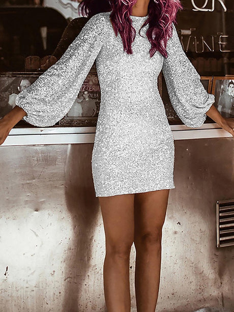 Round Neck Long Sleeve Slim Fit Sequin Solid Color Short Dress