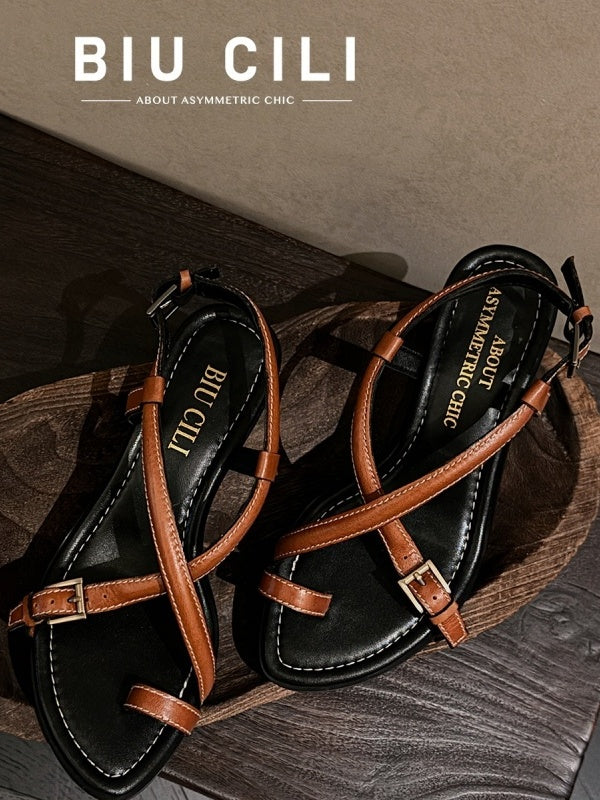 BIUCILI "Wu Qianyu's Style" Original Design French Resort Woven Open-Toe Mid-Heel Flip-Flops For Women