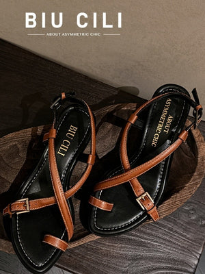 BIUCILI "Wu Qianyu's Style" Original Design French Resort Woven Open-Toe Mid-Heel Flip-Flops For Women