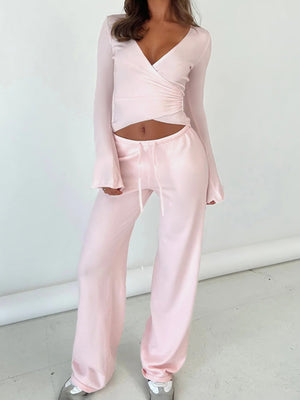 Lace-up V-neck Exercise Yoga Long-sleeved T-shirt Pants 2-piece Sets