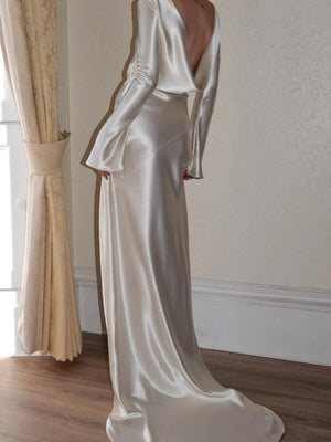 Liber Autumn Women's Backless Solid Color Long sleeve Satin Maxi Dresses
