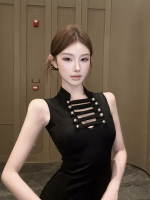 Stand-up Collar, Hollow-out, Slim-fit, Waist-cinching, Slit, Bodycon Short Dress