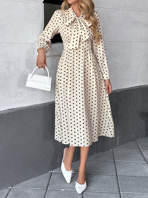 Bow Tie Collar Long Sleeve Waist Polka Dots Midi Dresses