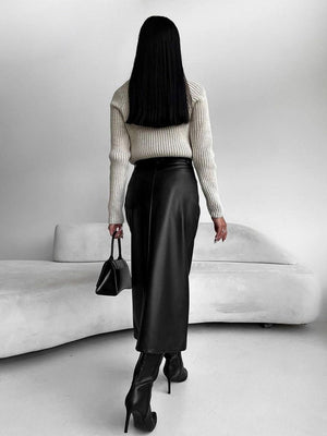 Bodycon Style Matte Fleece Lining PU Leather Slit Sexy Workplace Casual Skirt