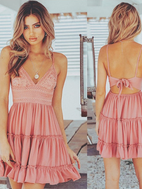 Camisoles Bandage Lace Solid Color Mini&Short Dresses