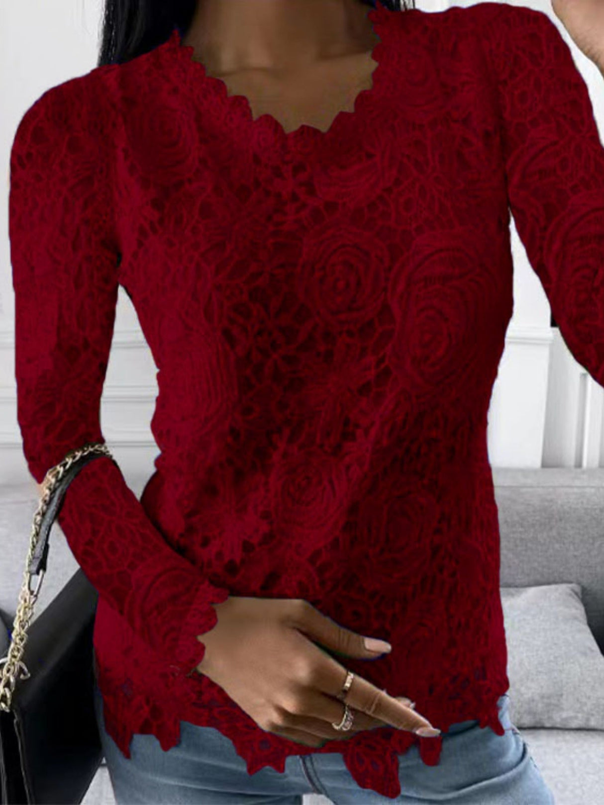 Lace Rose Openwork Round Neck Long Sleeve T-shirts