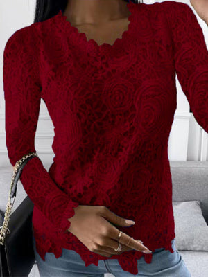 Lace Rose Openwork Round Neck Long Sleeve T-shirts