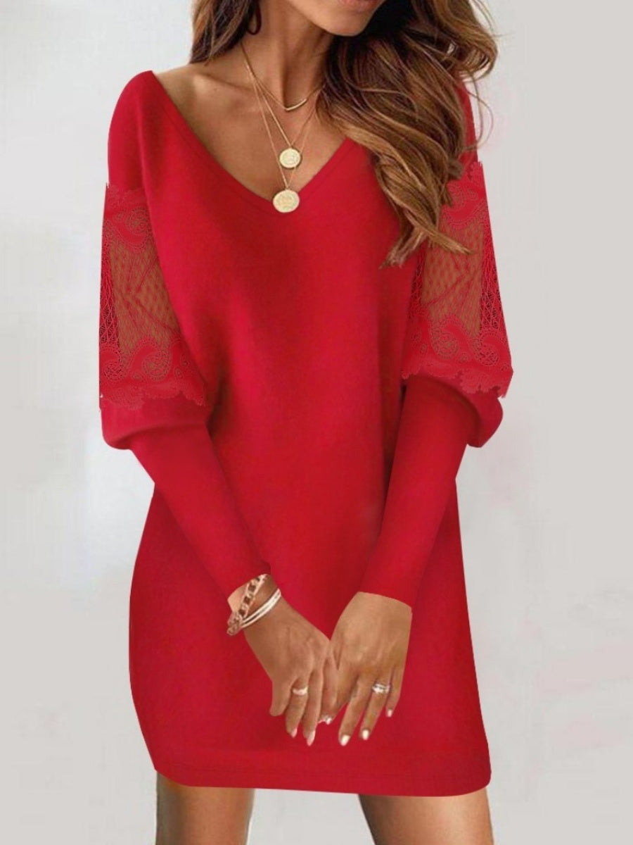 V-neck Long Sleeve Lace Stitching Knitting Mini&Short Dresses