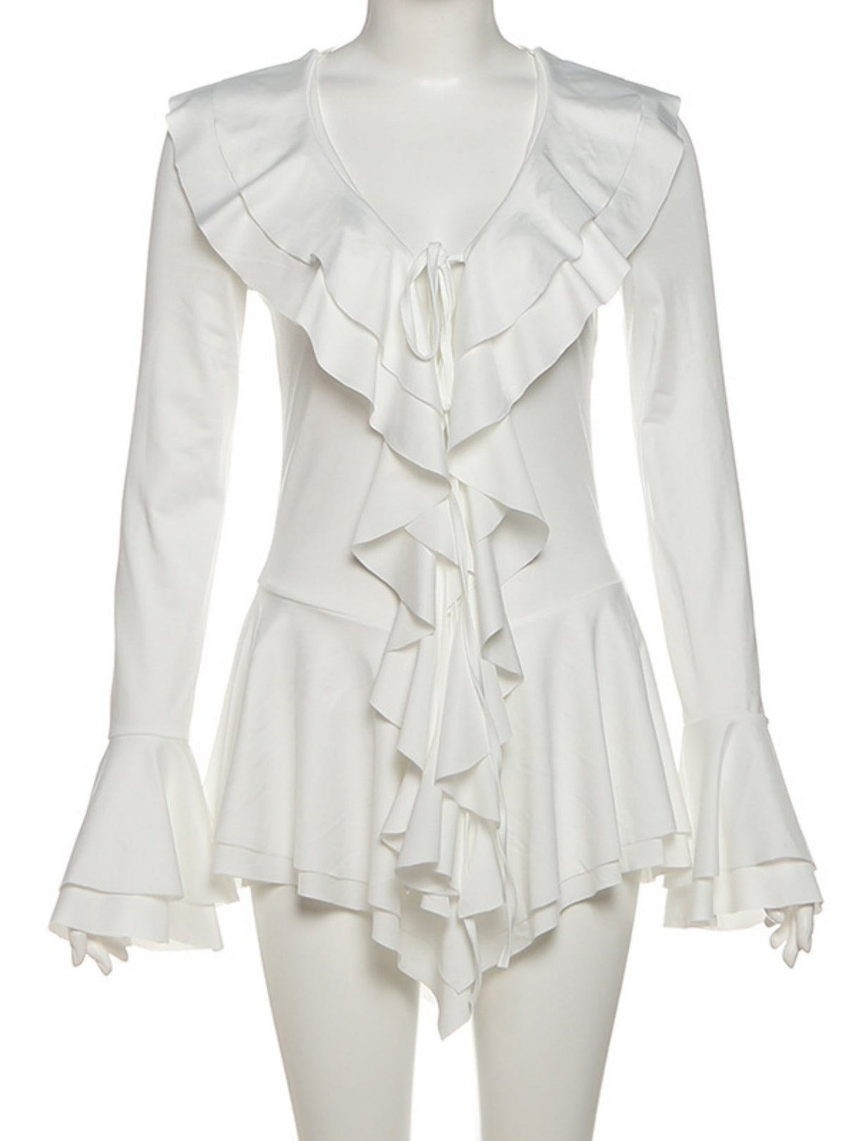 Double-layered Ruffles V-neck Tie  Flare Sleeve Mini&Short Dresses