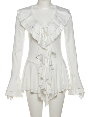 Double-layered Ruffles V-neck Tie  Flare Sleeve Mini&Short Dresses