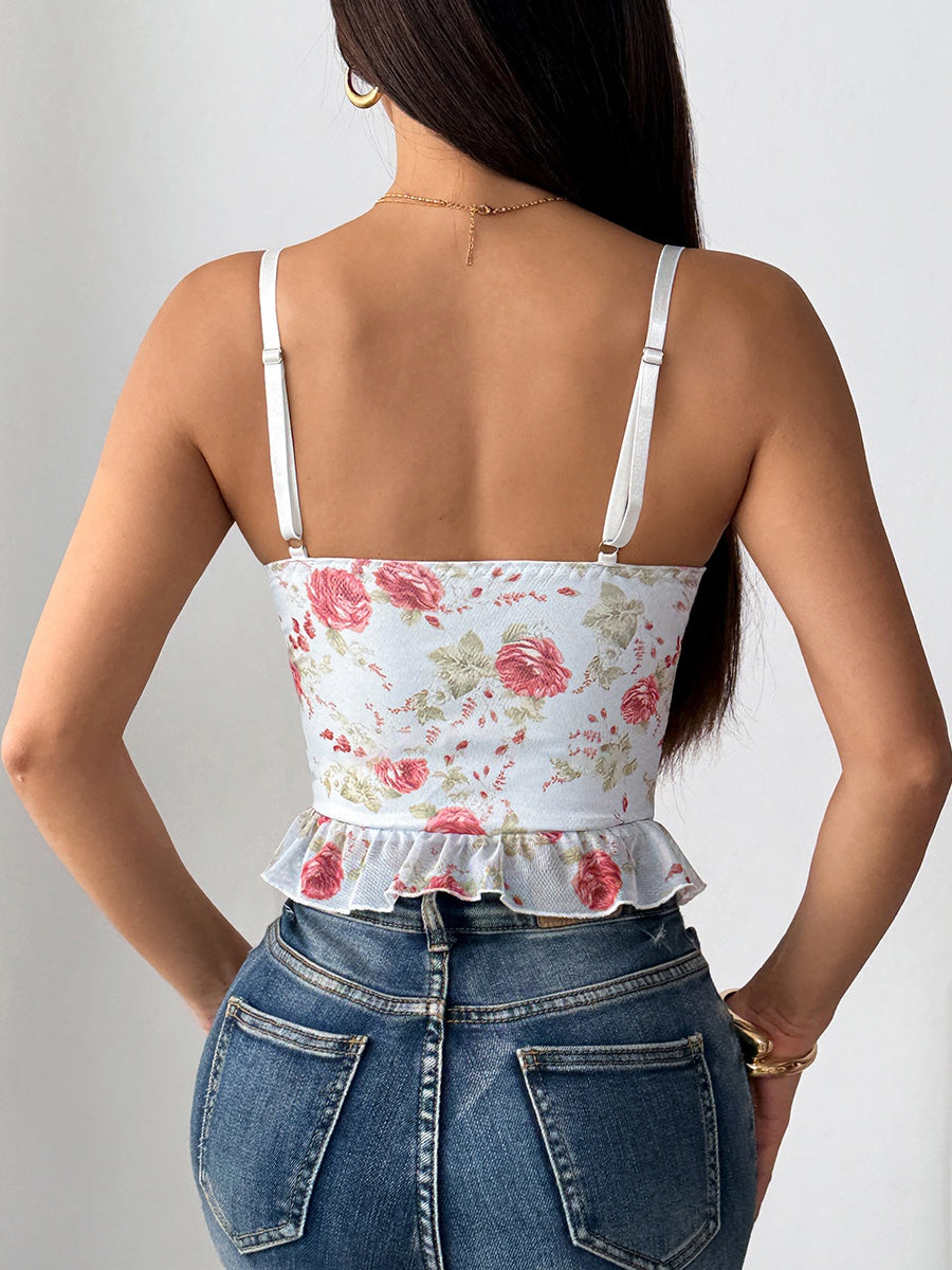 Sweet Floral Lace Ribbon Lace Up Camisoles
