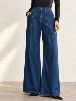 Women's Dark Washed High-Waisted Pleated Wide-Leg Jeans For Autumn/Winter