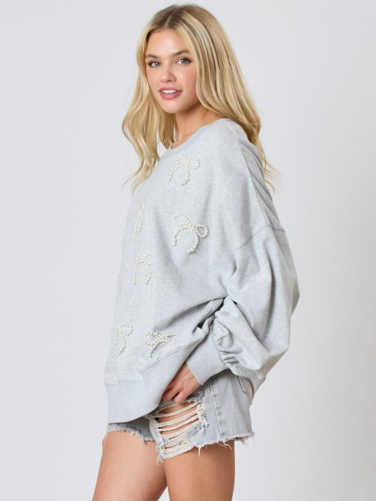 Christmas Pearl Bow Long Sleeve Top Casual Sweatshirt