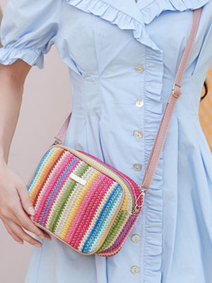 Colorful Straw Woven Oval Crossbody Bag For Vacation