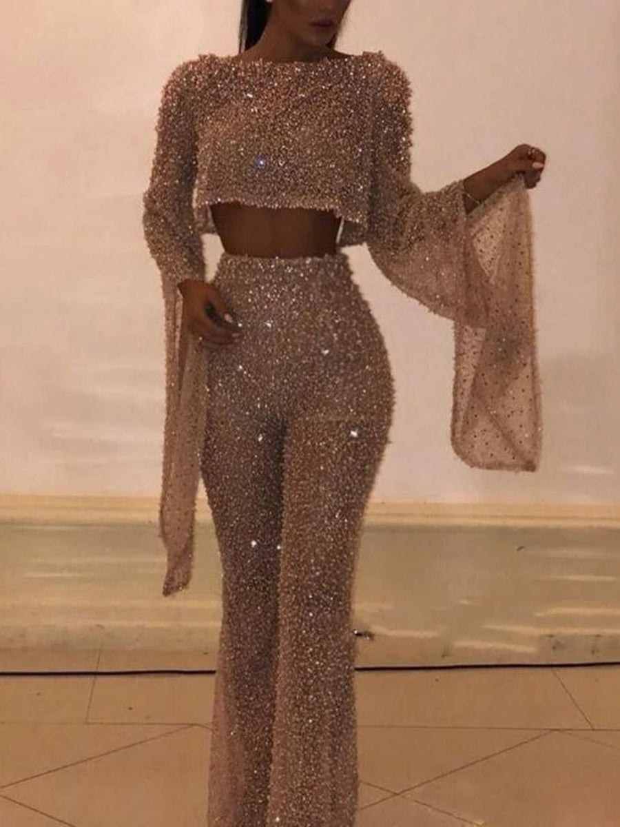 Sequins Sexy Long Sleeve Backless Bodysuit