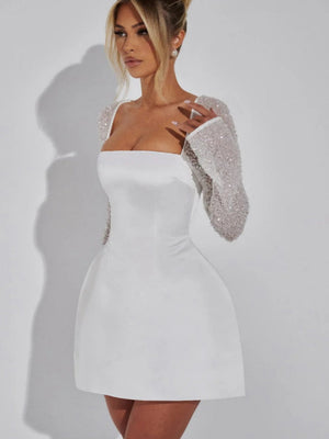 Square Neck Lace Low-cut Splicing A-pendulum Long Sleeve Bandage Short Dress For Cocktail Party