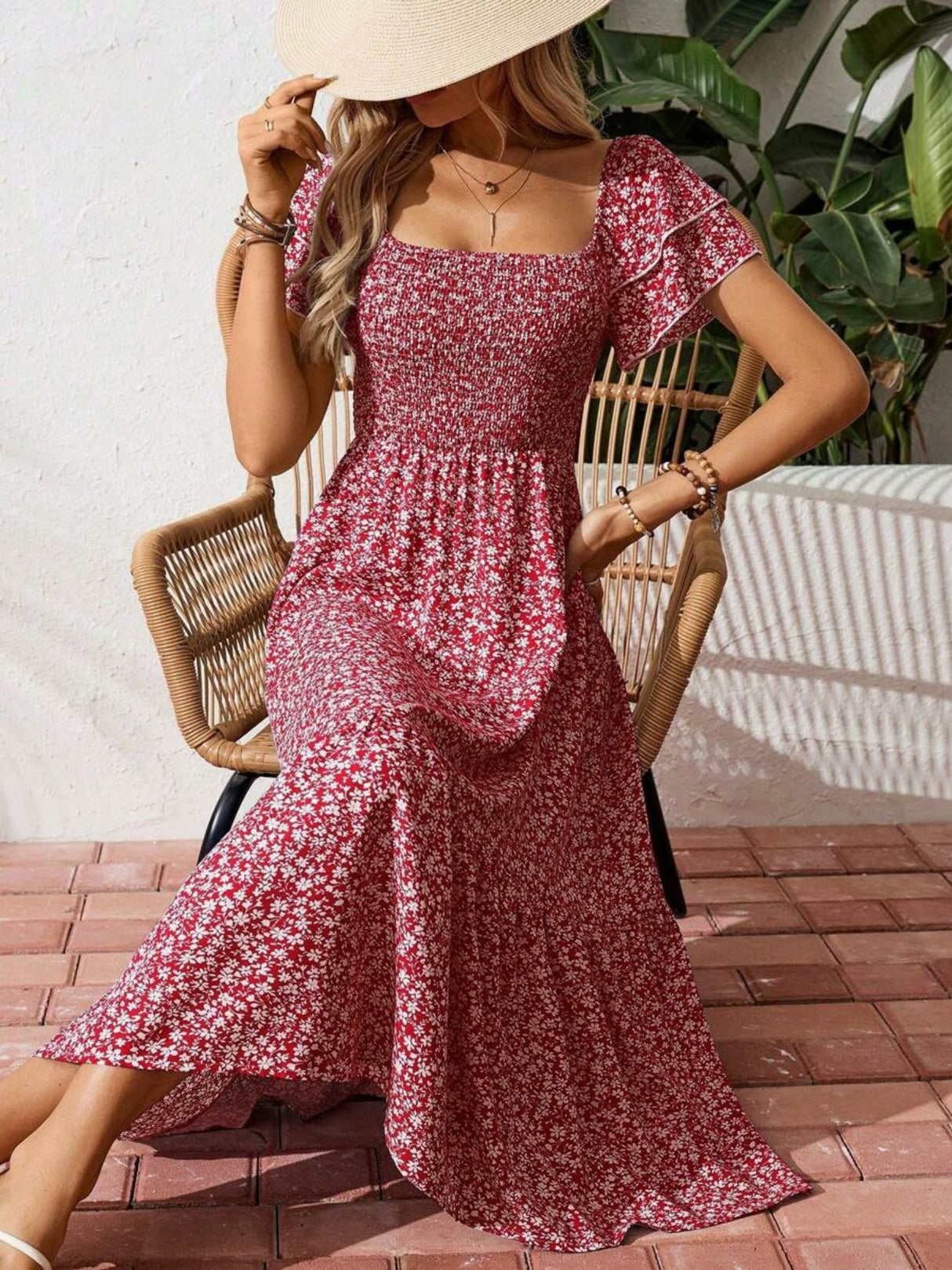 Floral Print Square Neckline And Puff Sleeves Maxi Dresses