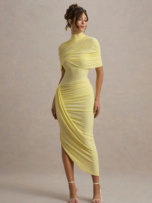 Pleated Mock Neck Shawl Exposed Backpack Buttocks Maxi Dresses