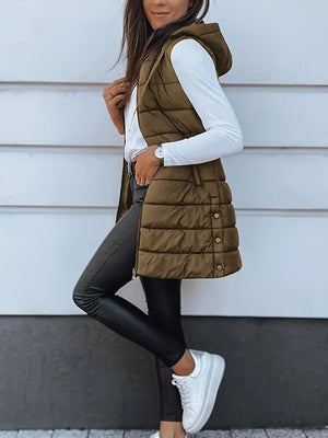 Mid-length Hooded Design Keep Warm Leisure Zipper Pocket Quilted Vest