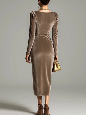 Long-sleeved Velvet With A Cowl Neckline Wrinkles Formal Dinner Cocktail Midi Dress