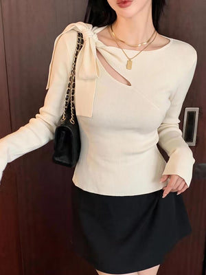 Wool Shoulder Strap Bow Openwork Asymmetrical Neck Long-sleeved Sweater