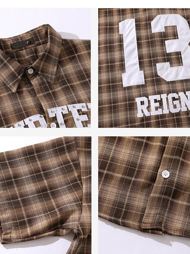 Retro Rivet Letter Embroidery Plaid Shirts