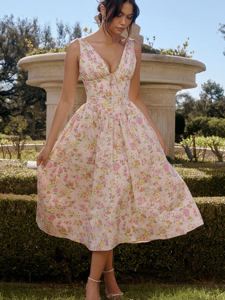 Resort-style Floral Print V-neck Spaghetti Strap Maxi Dress