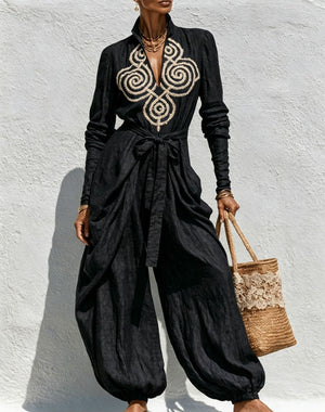 V-neck Tie-up Embroidered Loose-fitting Jumpsuit