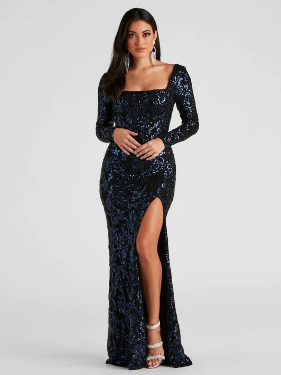 Liber Autumn women's sequins High slit Long-sleeved square-neck long dress