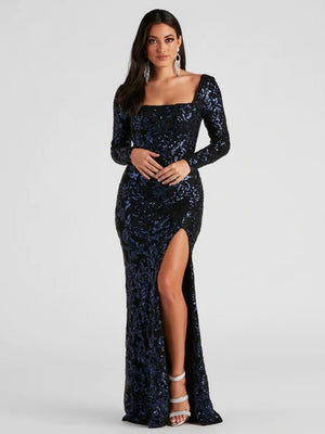 Liber Autumn women's sequins High slit Long-sleeved square-neck long dress
