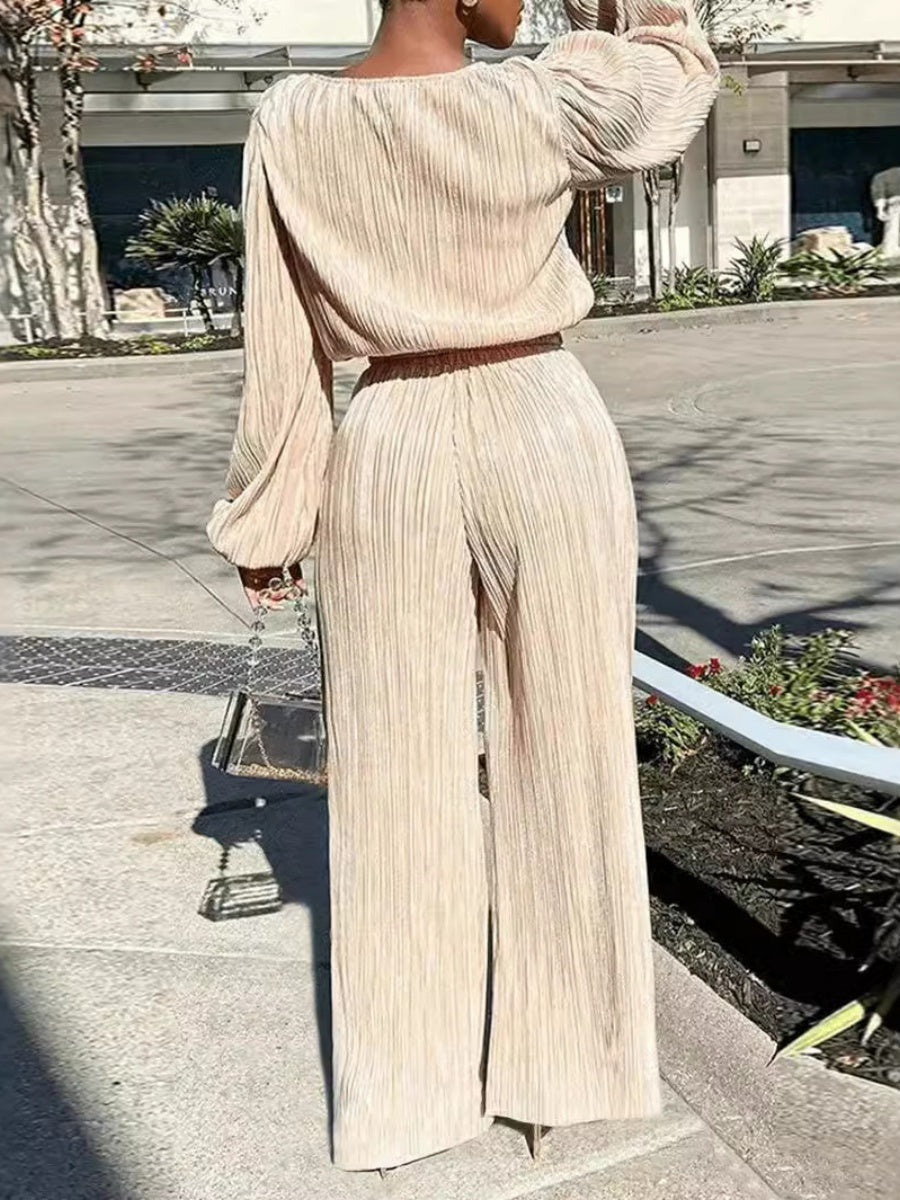 Blended Pullover Long Sleeves Pants Wide Leg Knitting 2-piece Sets