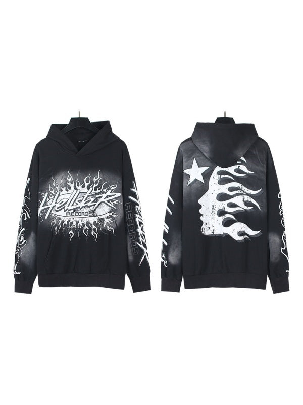 Washing Water Old Printed Hooded Sweatshirt Trousers Set