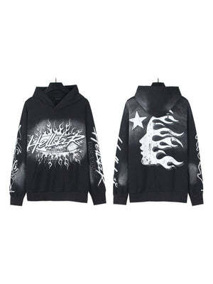 Washing Water Old Printed Hooded Sweatshirt Trousers Set