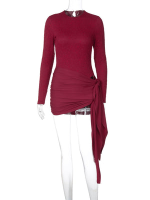 Lace Patchwork Round Neck Long Sleeve Bodysuit Strappy Mini Skirt 2-piece Sets