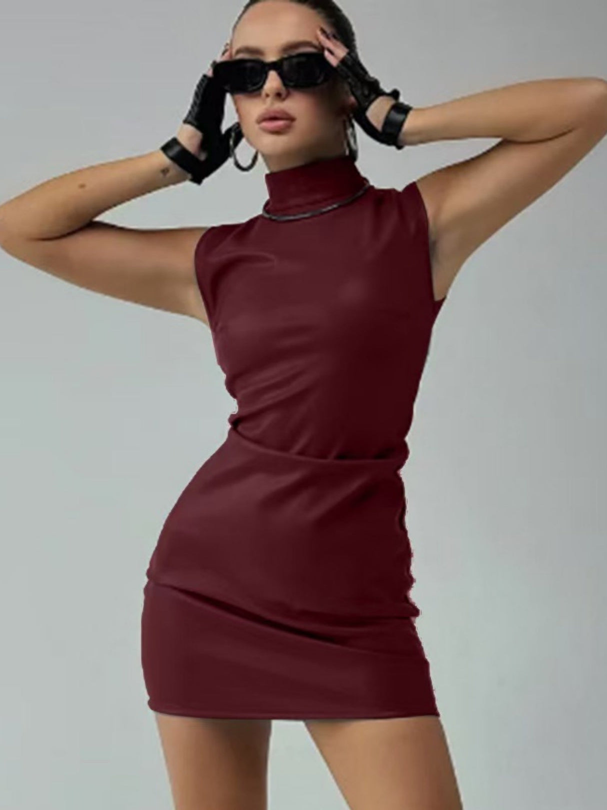 PU Leather Mock Neck Pleated Mini&Short Dresses