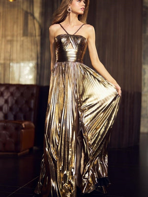 Liber Summer Women's Backless Solid Color Slit long dress
