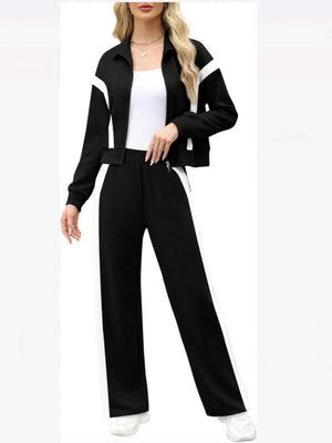 Long Sleeve Coat Stripes Splicing Sports Straight-leg Pants 2-piece Sets