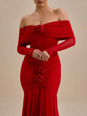 3D Flowers Valentine's Day Off-shoulder Pleated Maxi Dresses