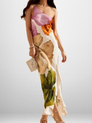 Printed Sloping Shoulders Ruffle Maxi Dresses