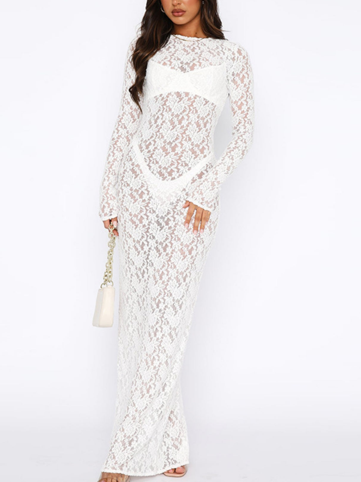 Lace See-through Sexy Mesh Round Neck Long Sleeve Maxi Dresses