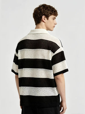 College Style Stripes Hollow Out Badge Embroidery POLO Shirt
