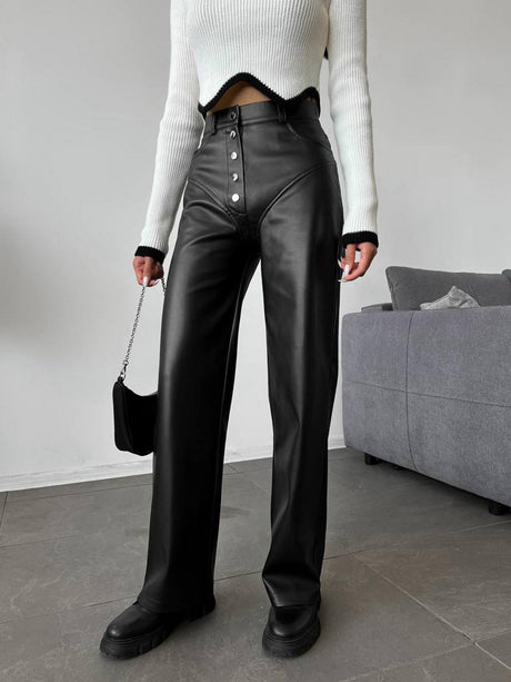 PU Leather Buttons High-waisted Straight-leg Pants Pants