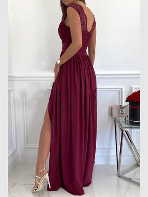 Sleeveless Lace Backless Long Dress With Slit Hem