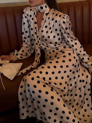 Polka Dots V-neck Puff Sleeves Waist Shaping Maxi Dresses
