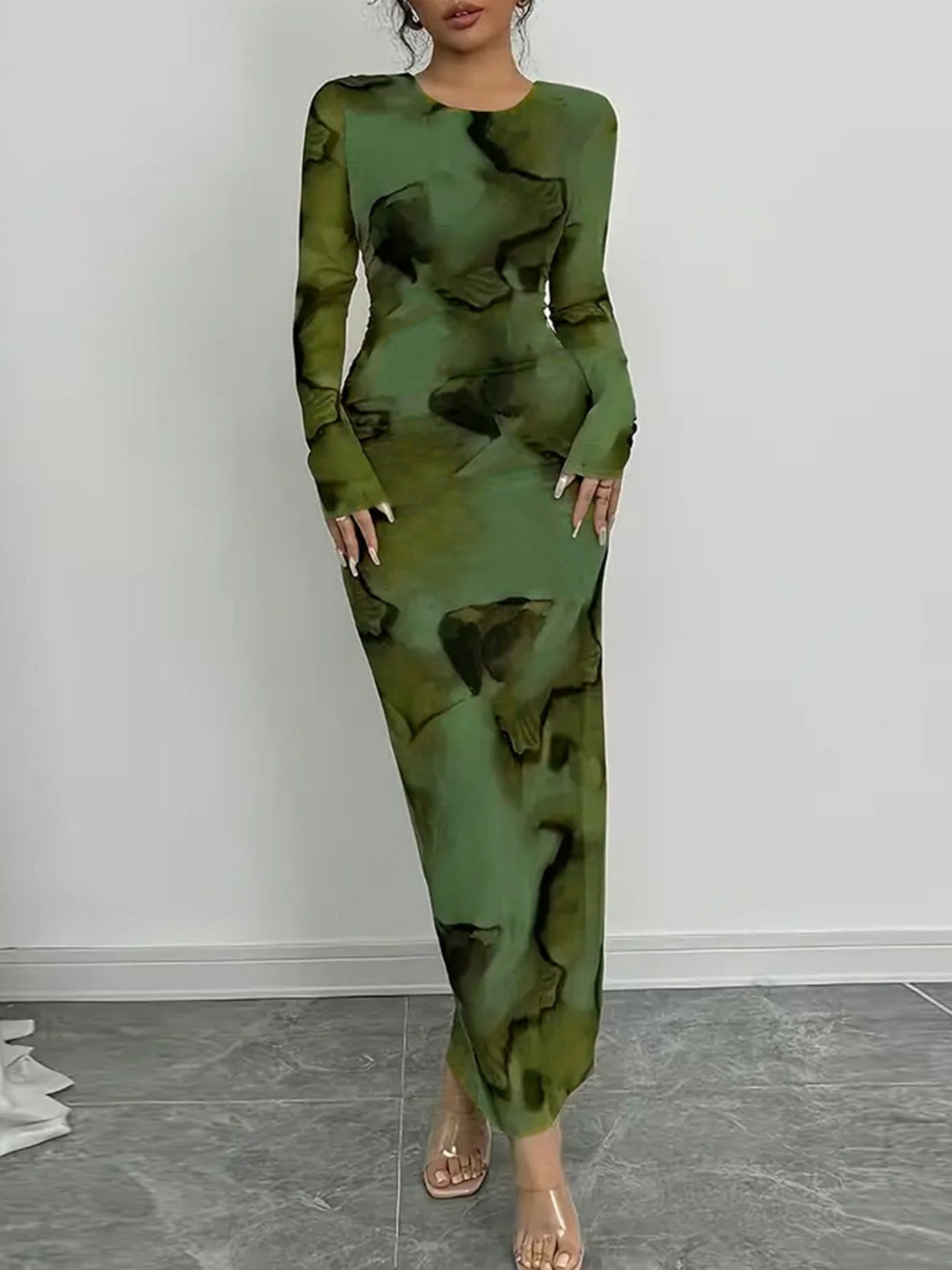 Printed Stretch Round Neck Long Sleeve Maxi Dresses
