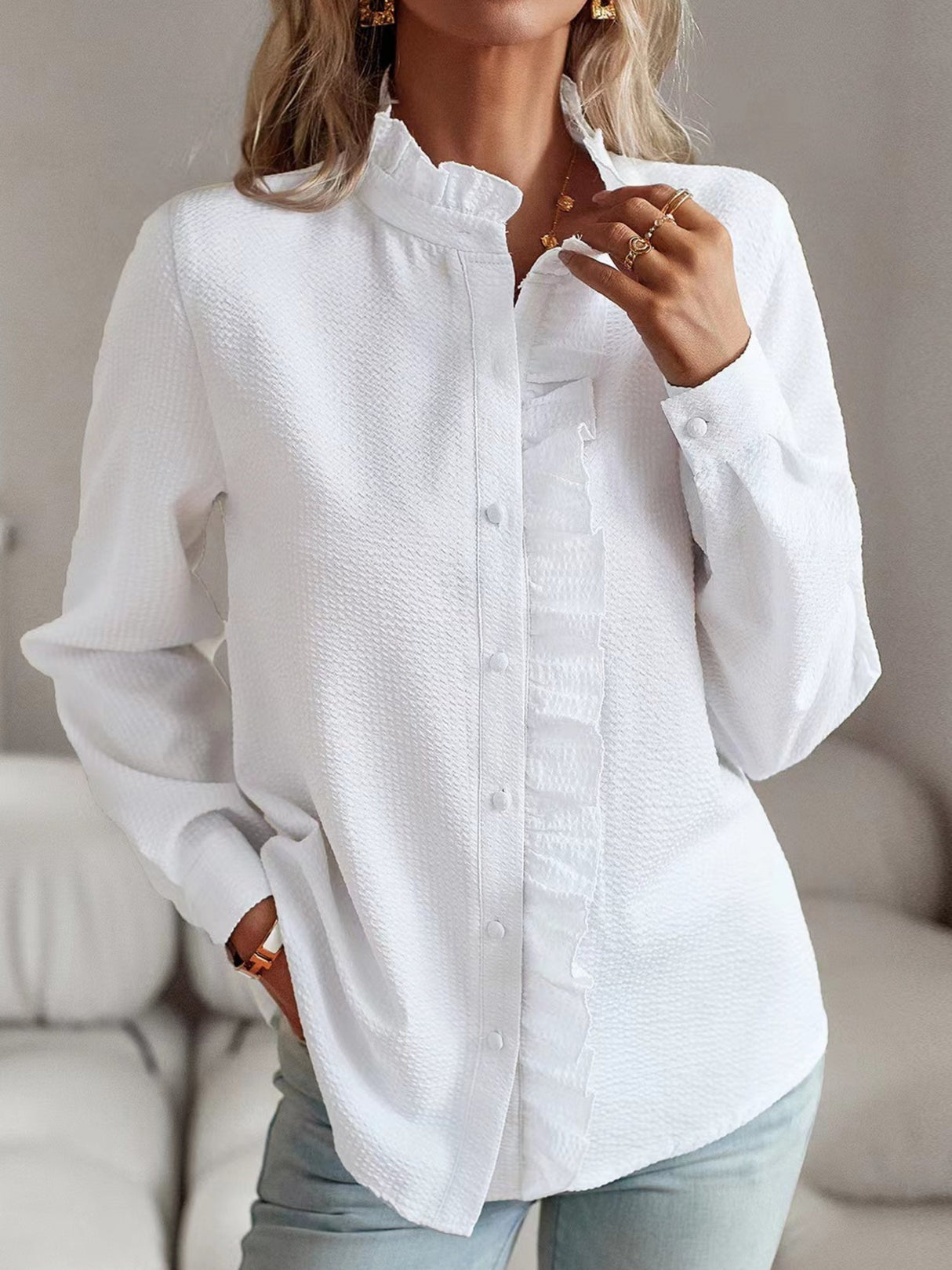 Stripes Ruffle Puff Sleeve Commuting Shirts
